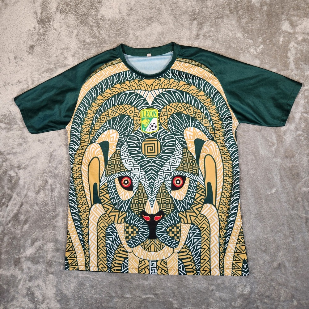 Club Leon Soccer Jersey Mens Medium Green Excellent Aztec Lion Graphic Liga MX